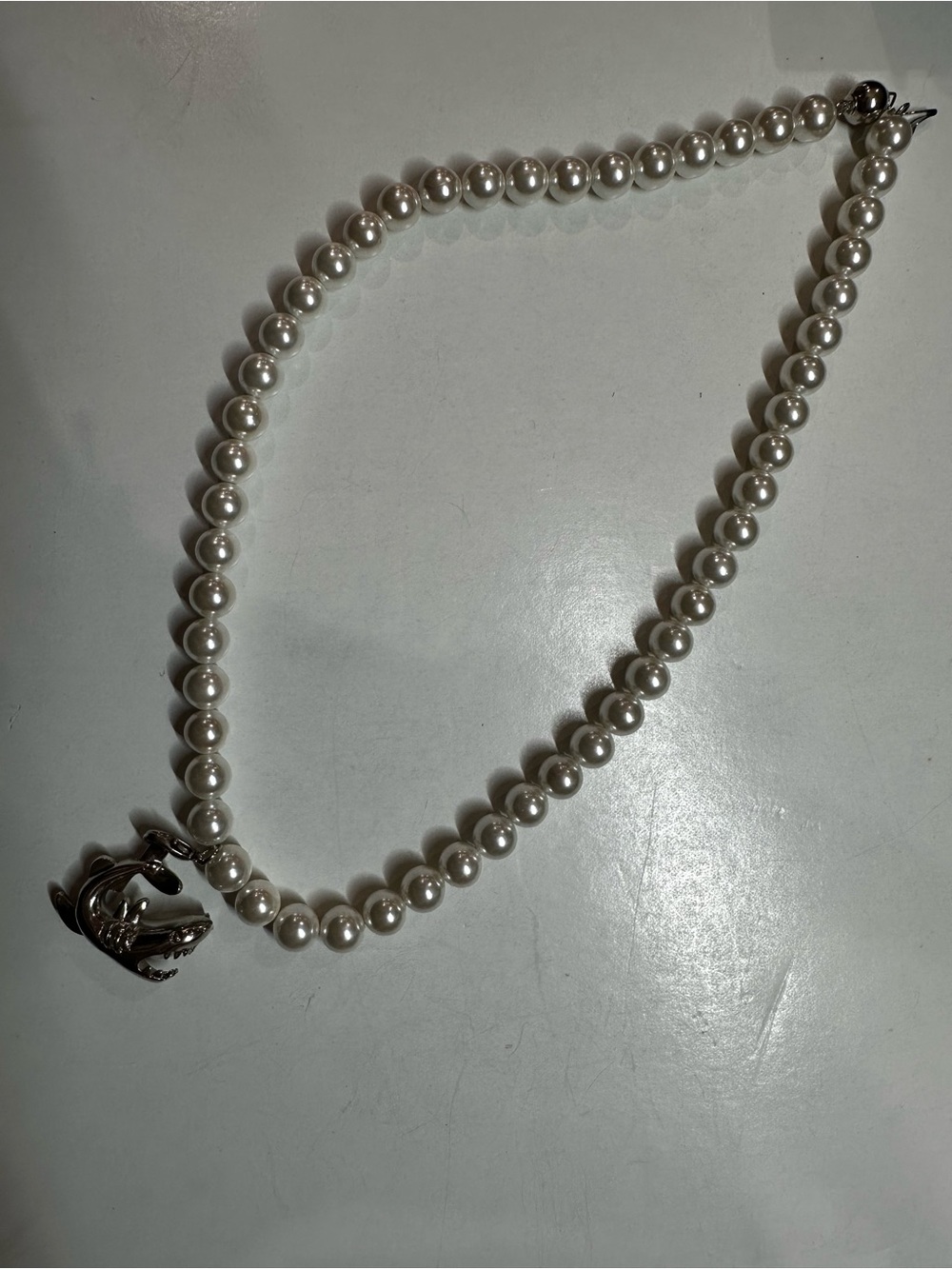 Silver Shark Enhancer Pendant Faux Pearl Bead Strand Necklace 18K HGE